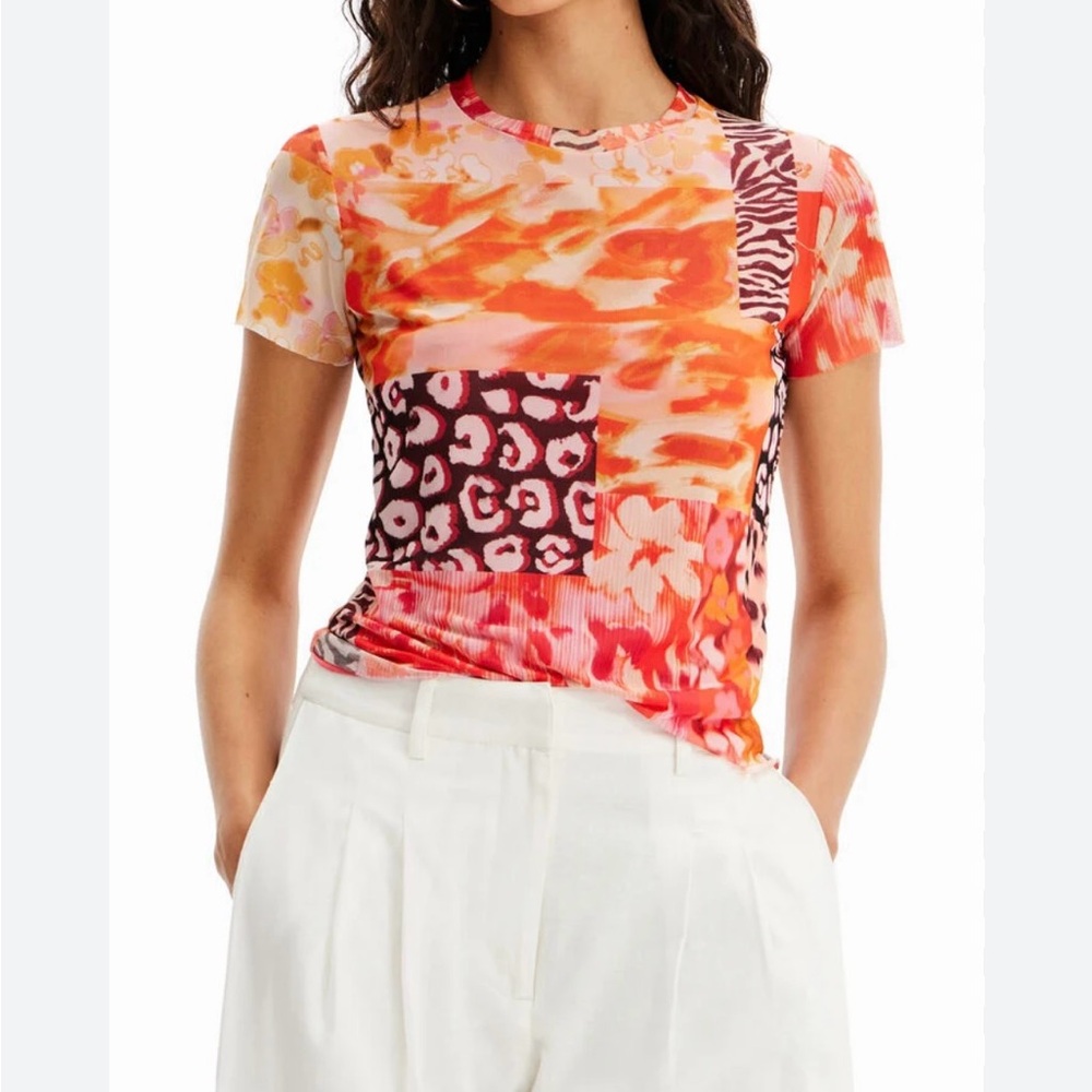 NWT Desigual Tulle Patchwork sheer mesh TShirt size small